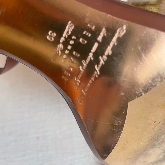 TED BAKER 39 Biah Brown 100% Leather Wood Block Heel Ankle Sandle With Bow Studs - Picture 9 of 14